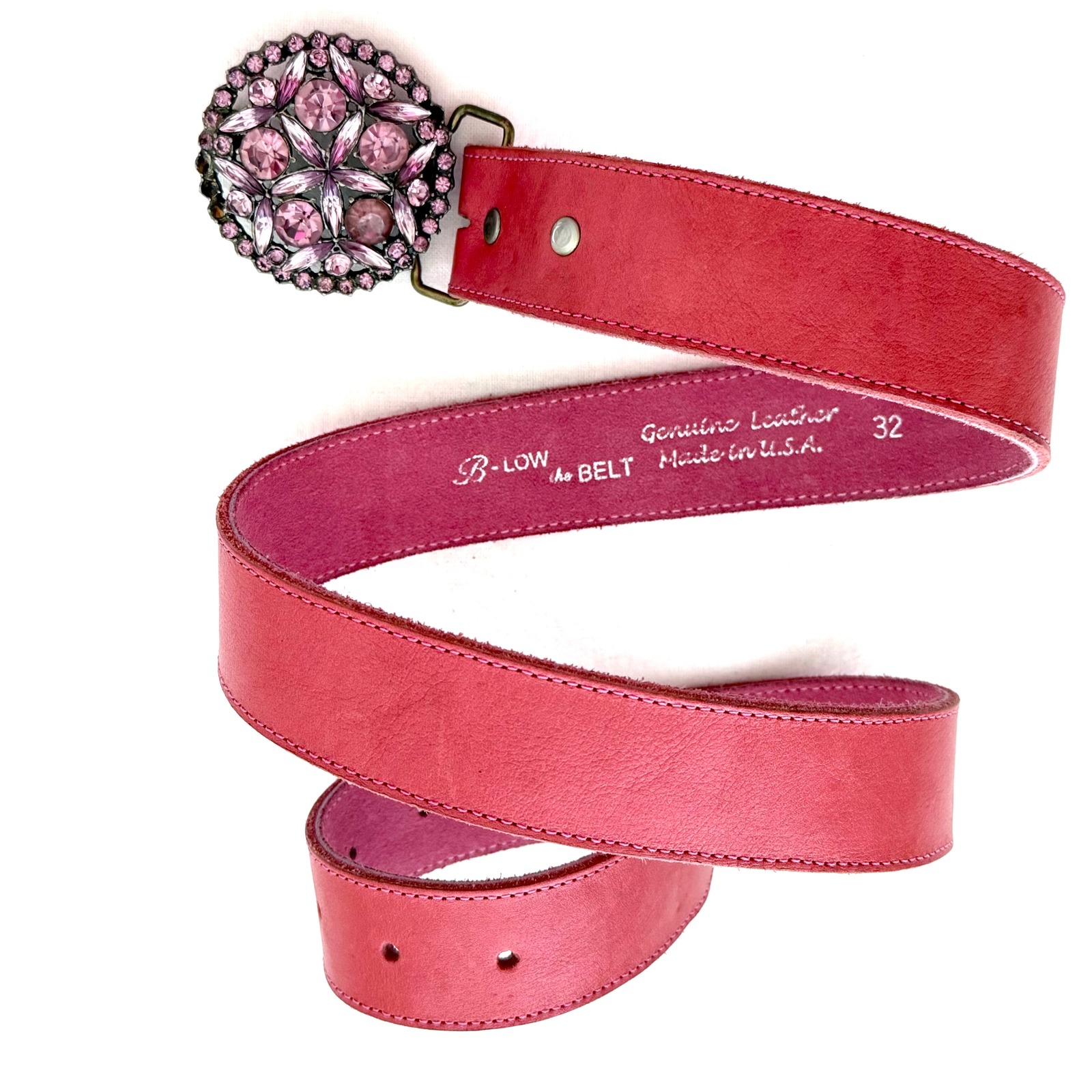 Vtg B-Low The Belt Pink Leather Rhinestone Buckle Belt Y2k Boho Western Sz 32